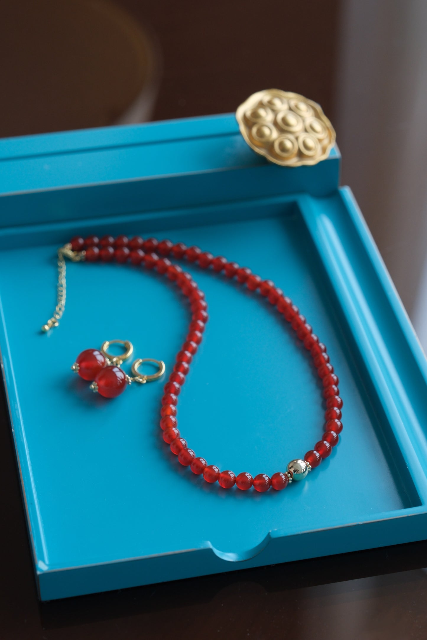 [SCARLET] 14K Gold-Plated Natural Red Carnelian Vintage Necklace