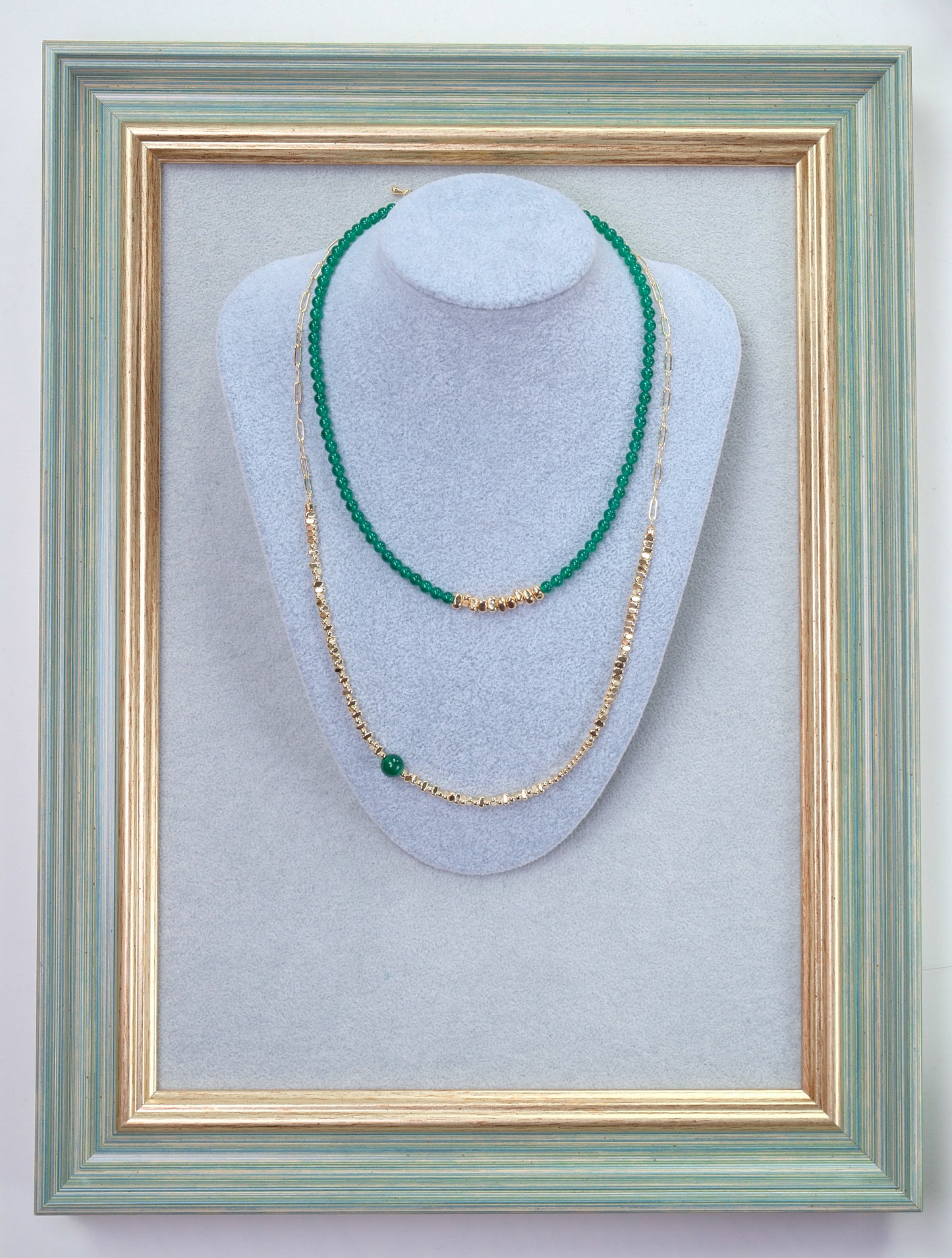 [RIPPLING] Layered Green Agate Beads Necklace Set