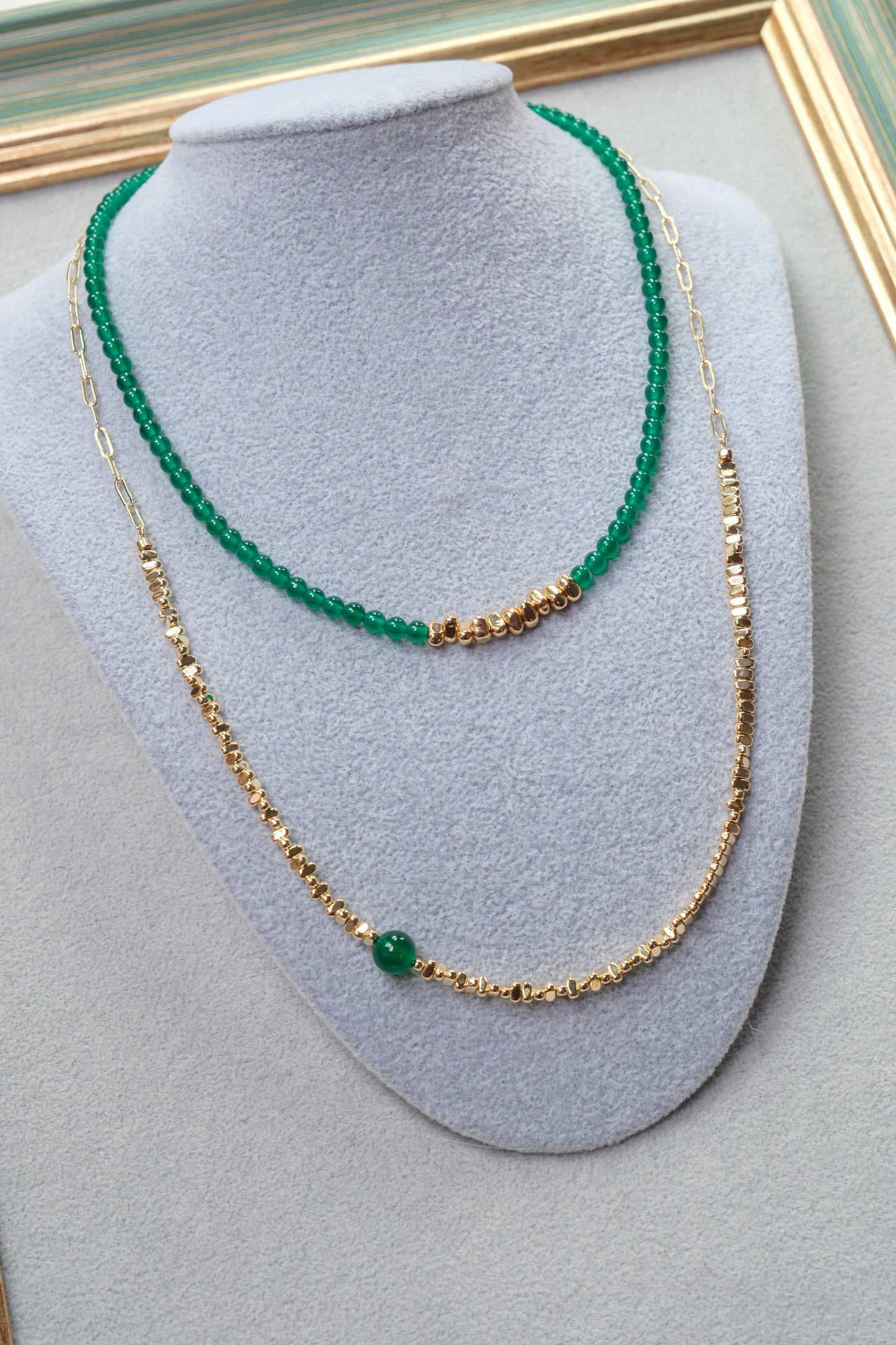 [RIPPLING] Layered Green Agate Beads Necklace Set