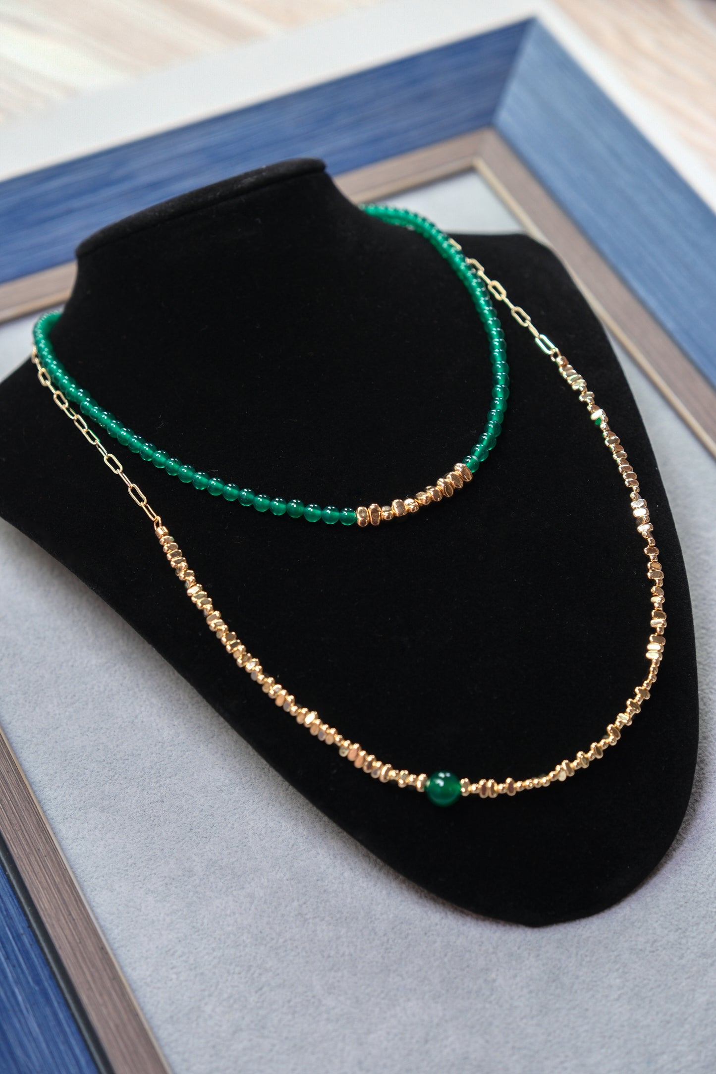 [RIPPLING] Layered Green Agate Beads Necklace Set