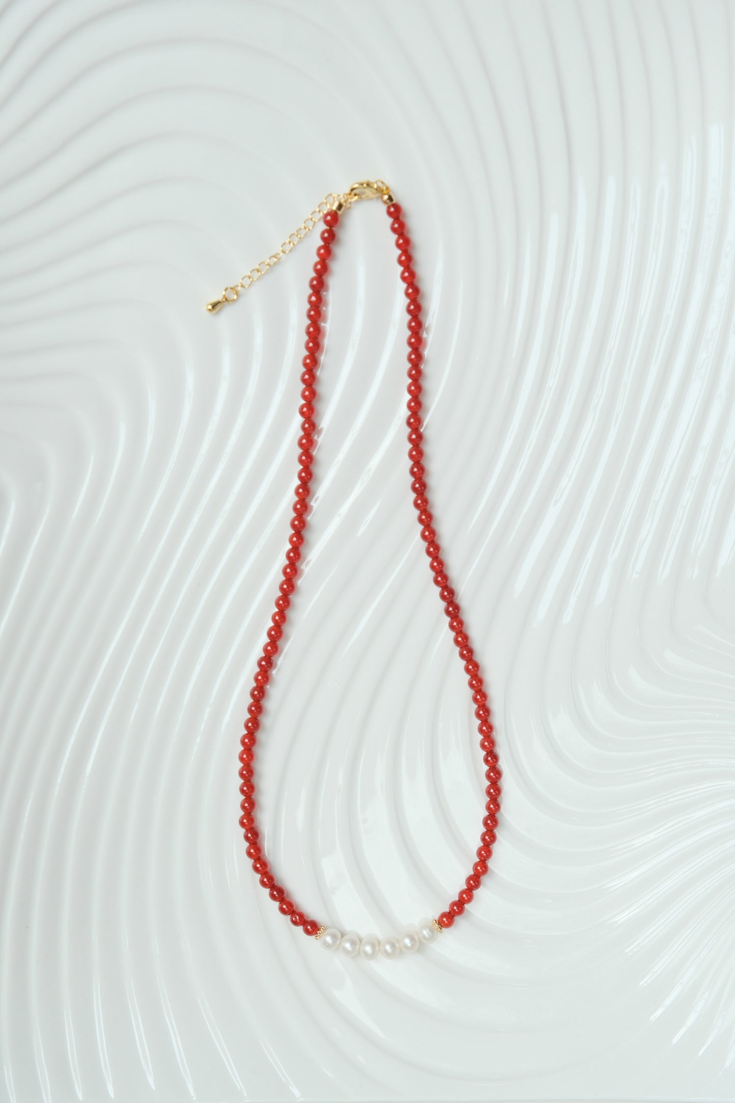 [CAMELLIA] Carnelian Beaded Necklace Choker Bracelet with Pearls