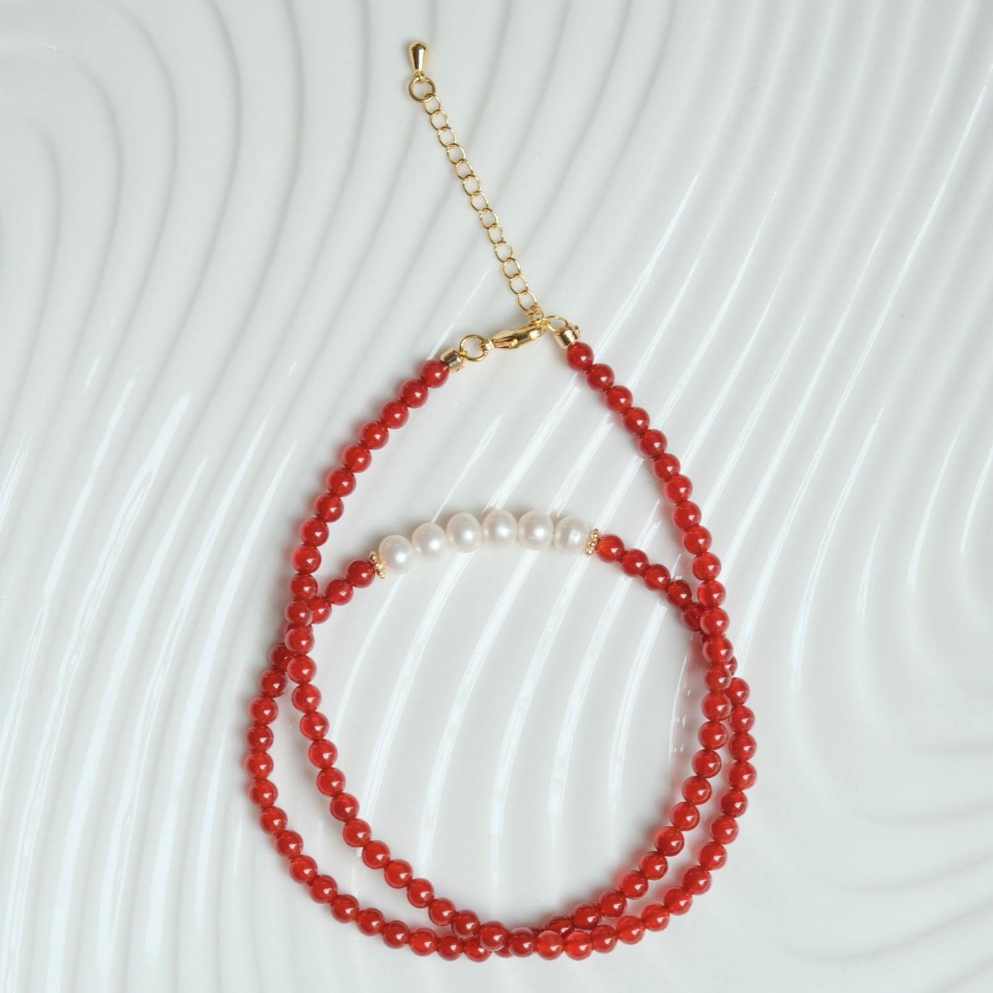 [CAMELLIA] Carnelian Beaded Necklace Choker Bracelet with Pearls